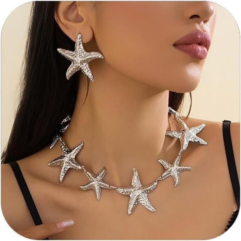 Silver Starfish Necklace and Earrings Set – Elegant Ocean-Inspired Statement